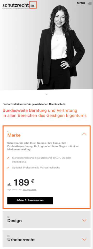 Schutzrecht eCommerce Lösung. Webdesign Referenz.